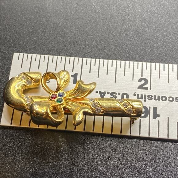 Vintage Merksamer Rhinestone Candy Cane Brooch Christmas Bow Gold Tone - Picture 7 of 7